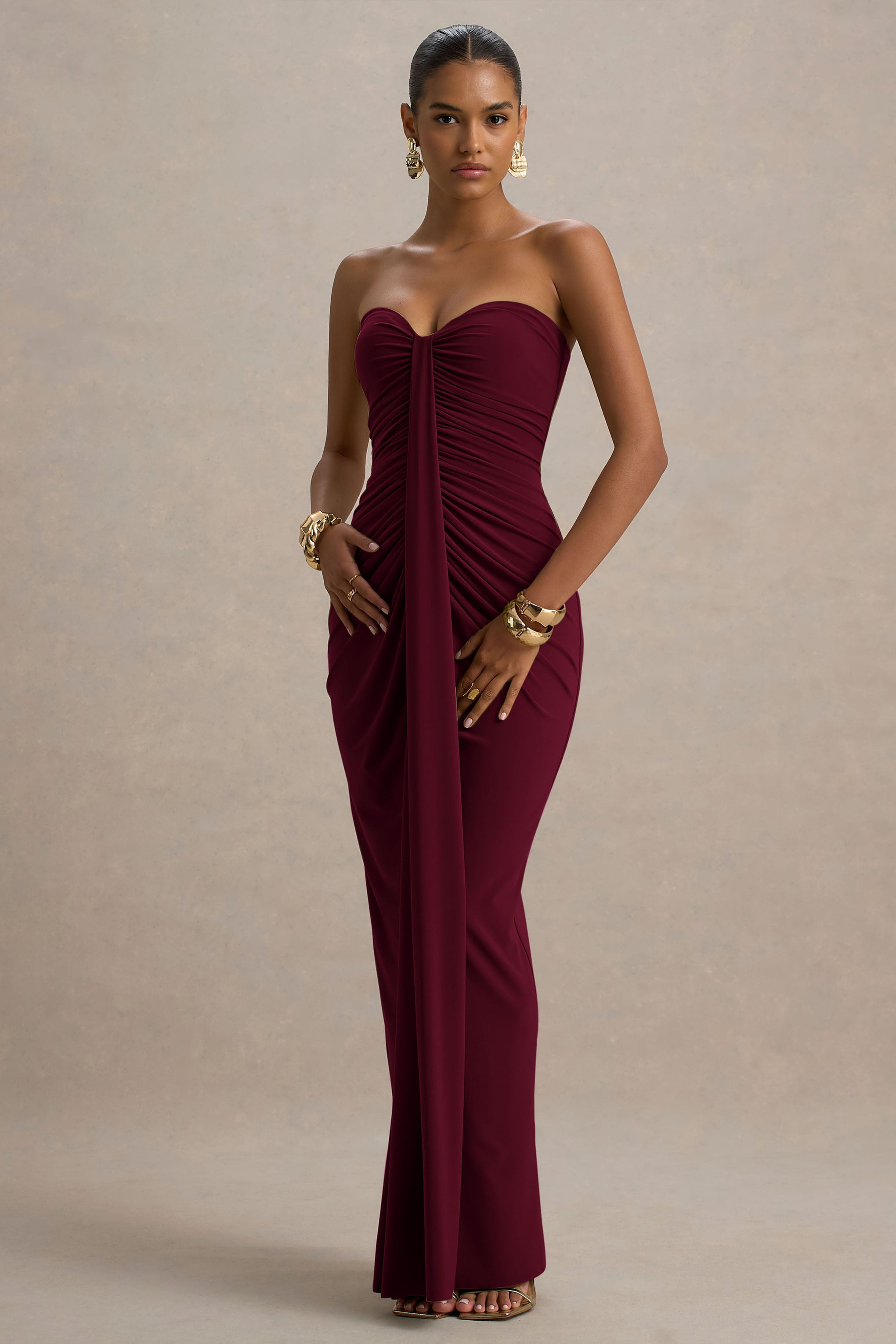 Solid Off-Shoulder Gathering Maxi Dress
