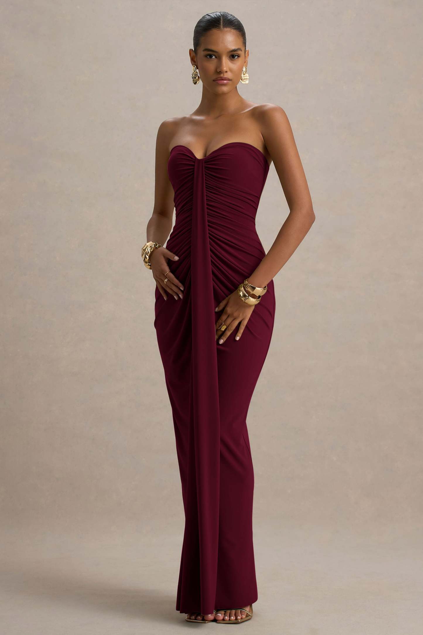 Solid Off-Shoulder Gathering Maxi Dress
