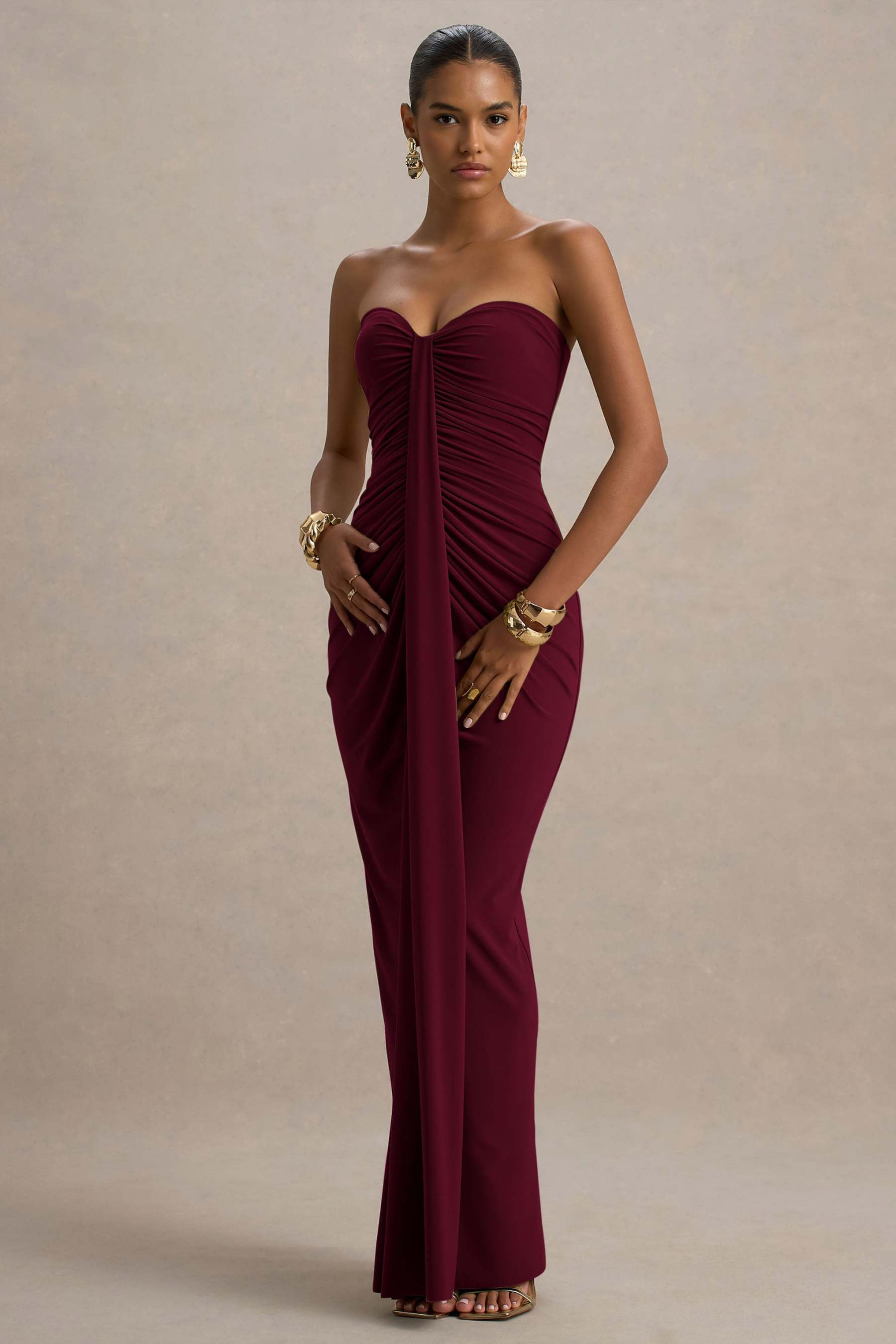 Solid Off-Shoulder Gathering Maxi Dress