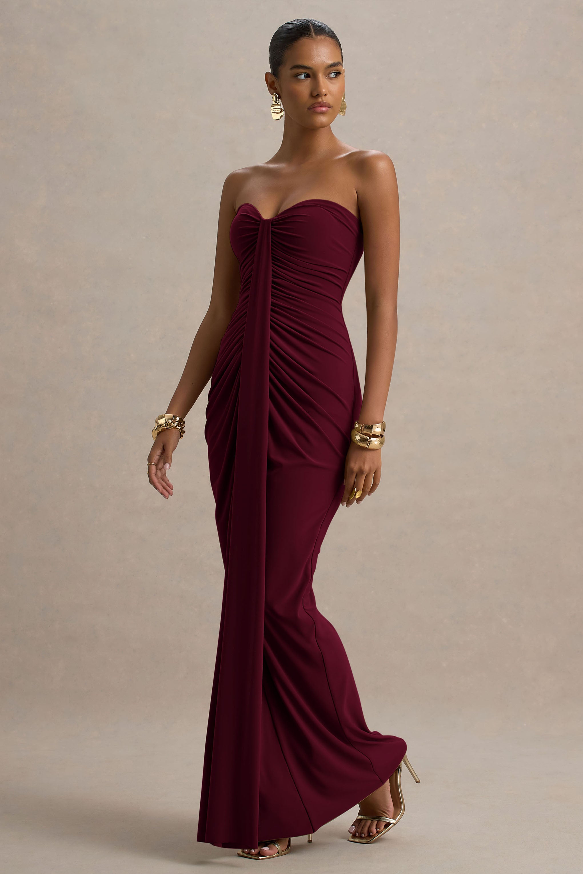 Solid Off-Shoulder Gathering Maxi Dress