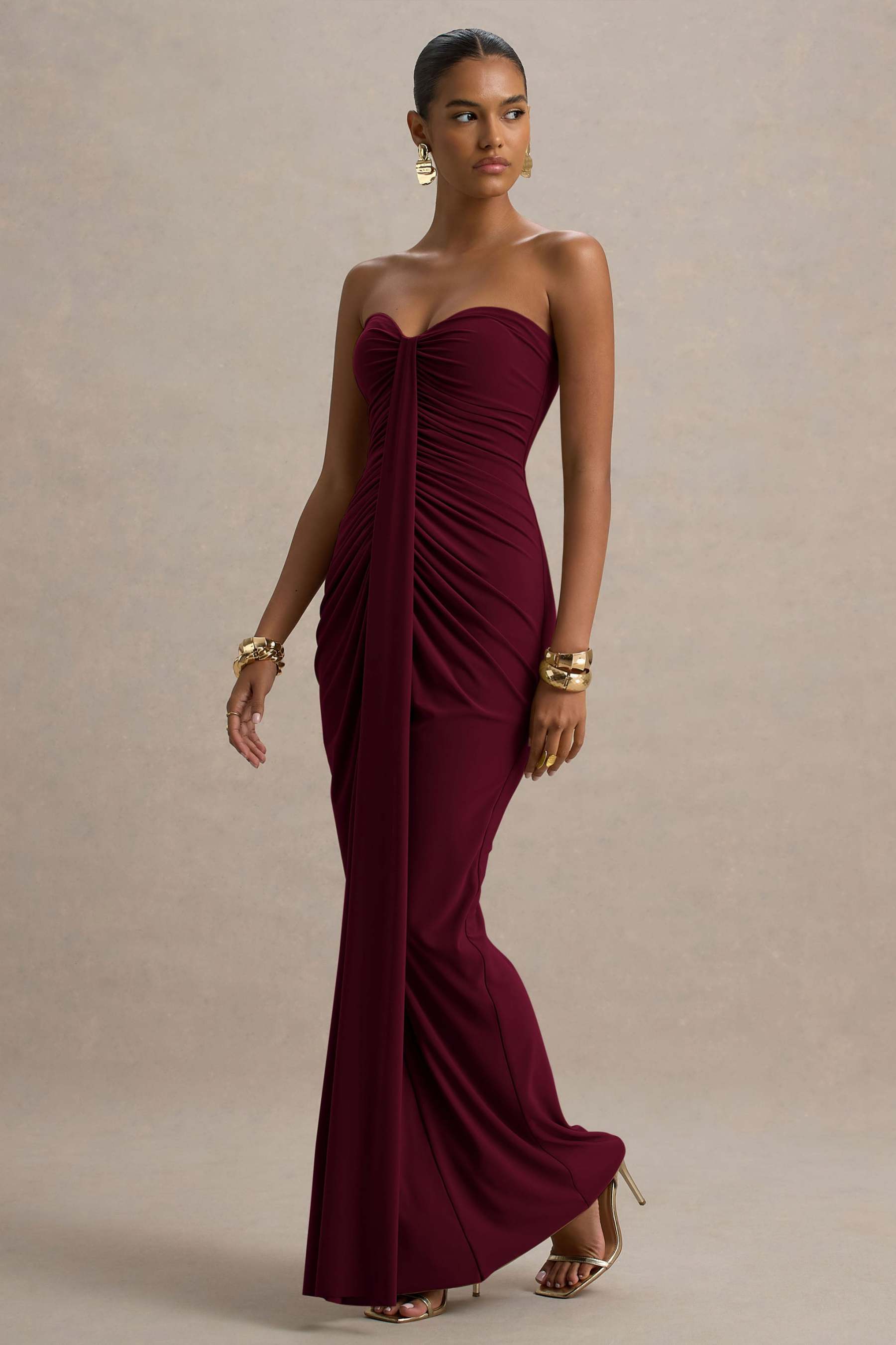Solid Off-Shoulder Gathering Maxi Dress