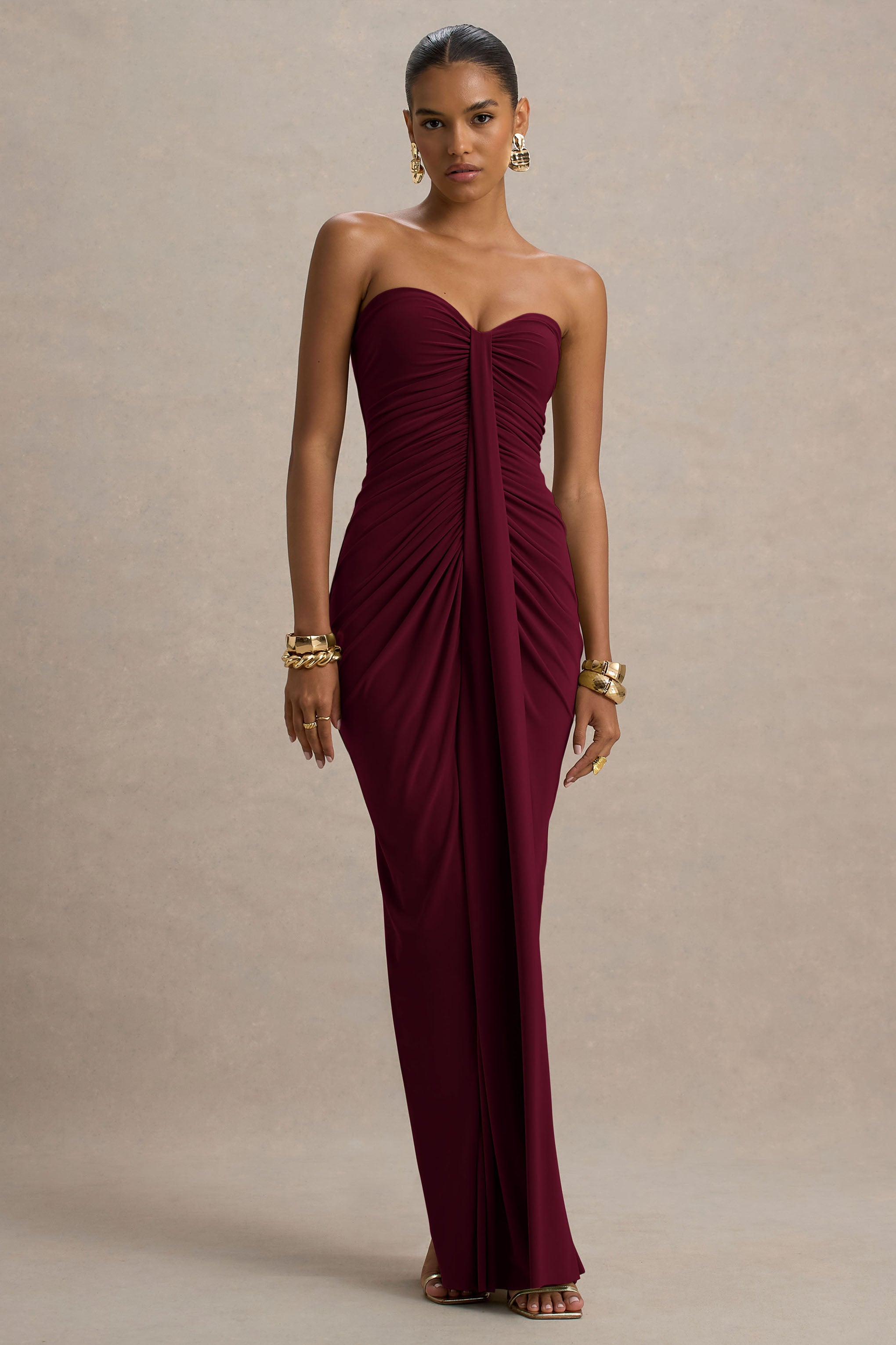 Solid Off-Shoulder Gathering Maxi Dress