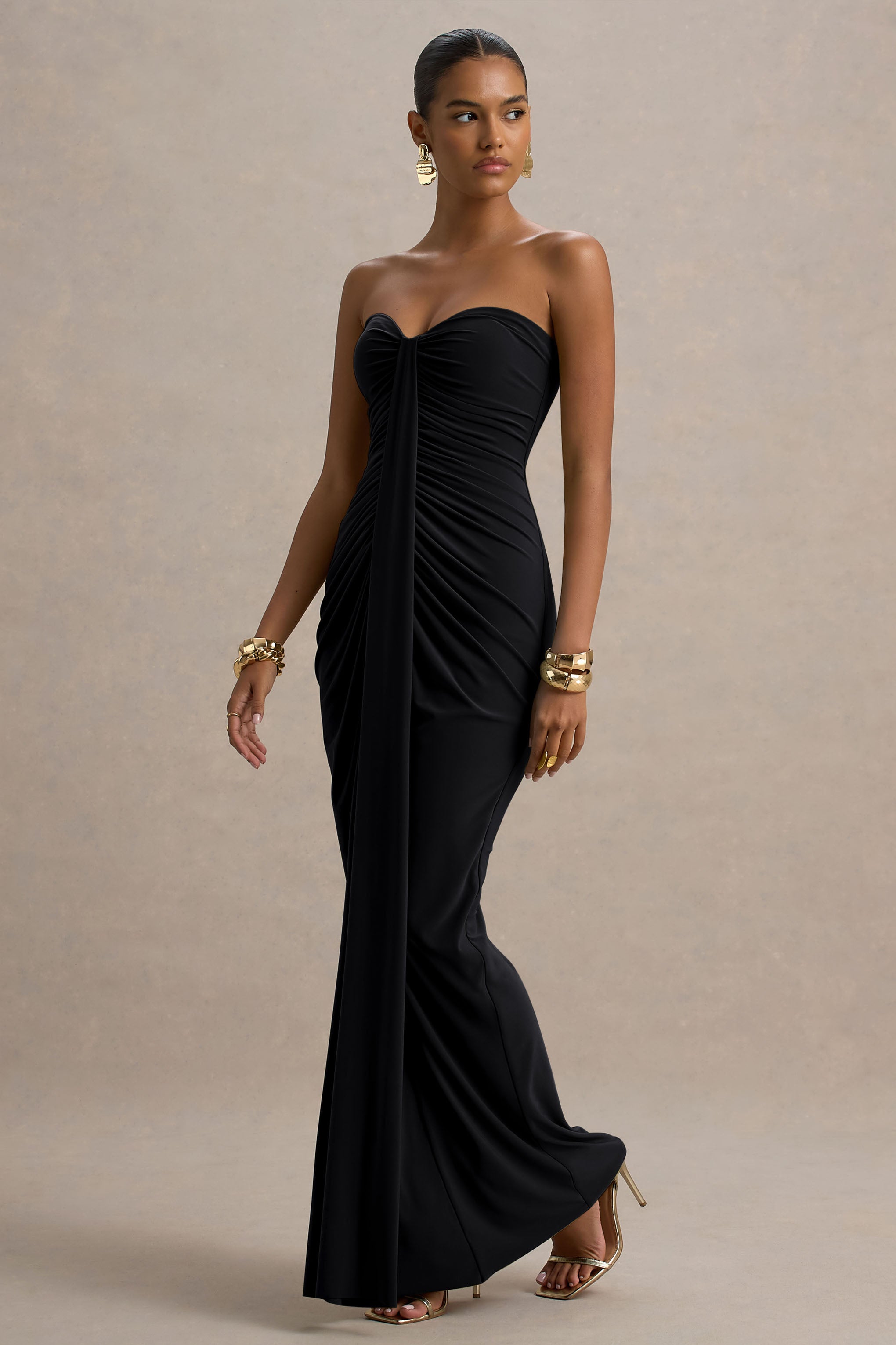 Solid Off-Shoulder Gathering Maxi Dress