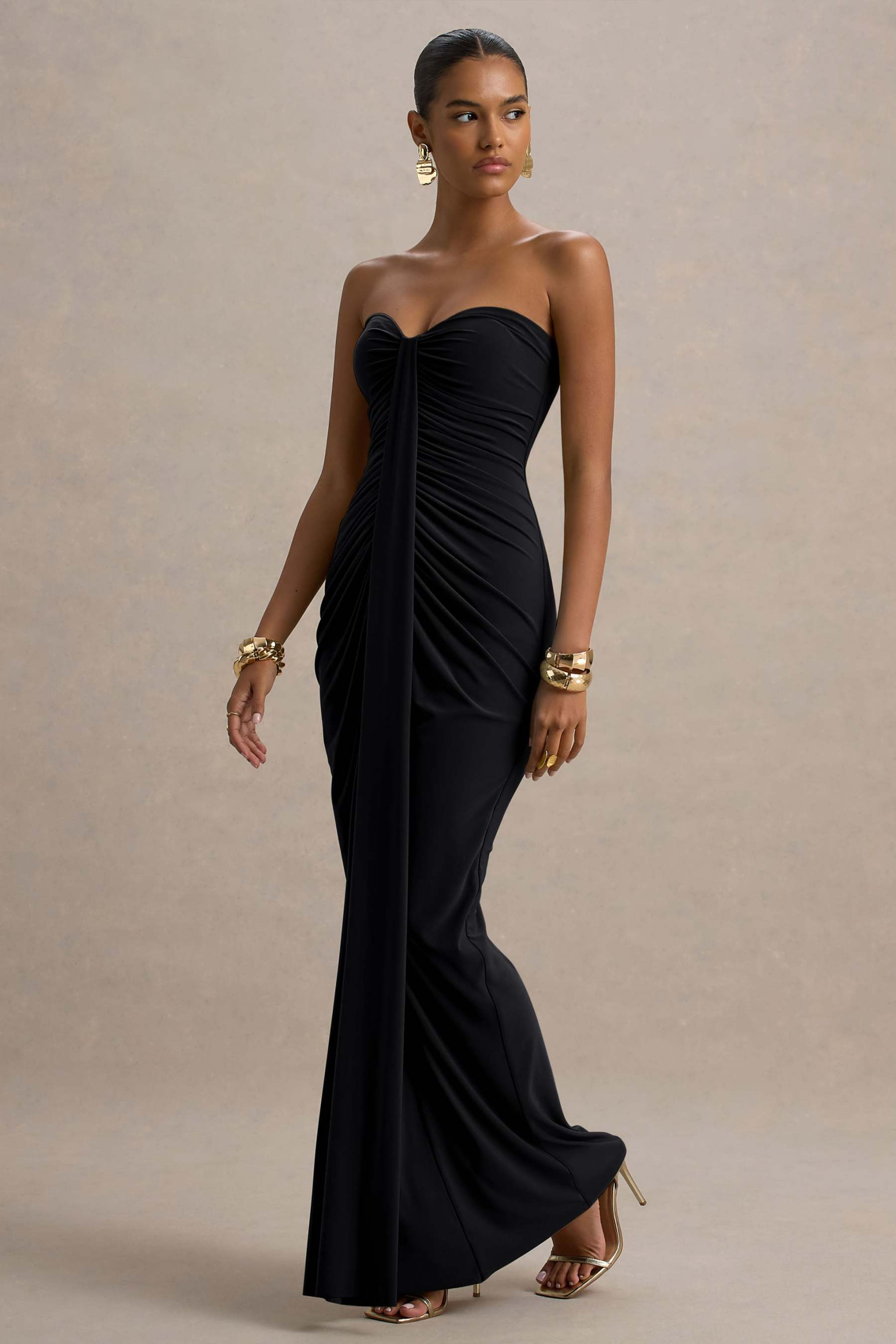 Solid Off-Shoulder Gathering Maxi Dress