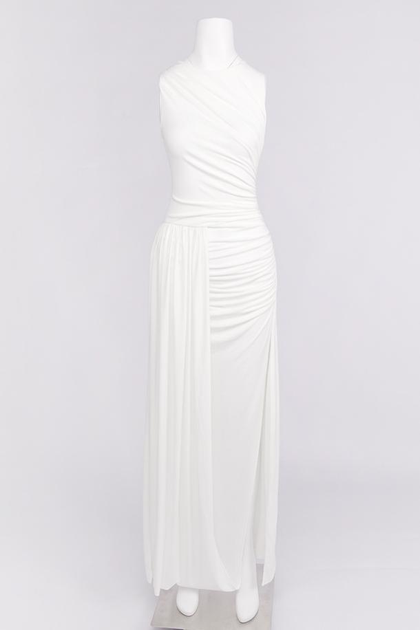 Round Neck Ruched Slit Maxi Dress