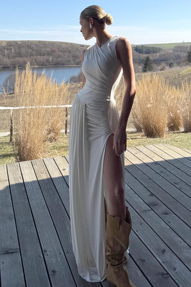 Round Neck Ruched Slit Maxi Dress