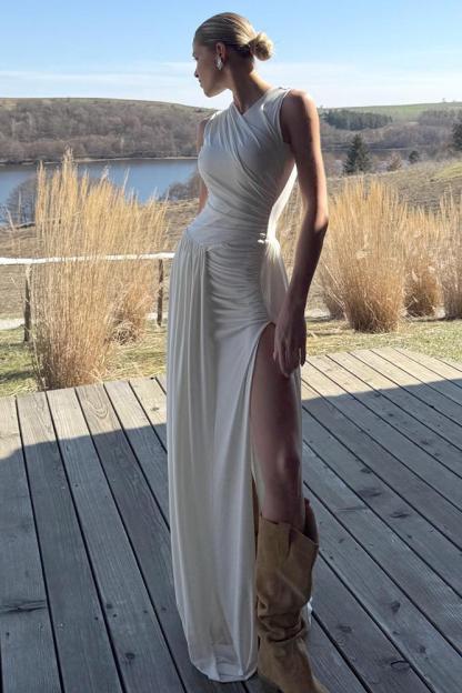 Round Neck Ruched Slit Maxi Dress