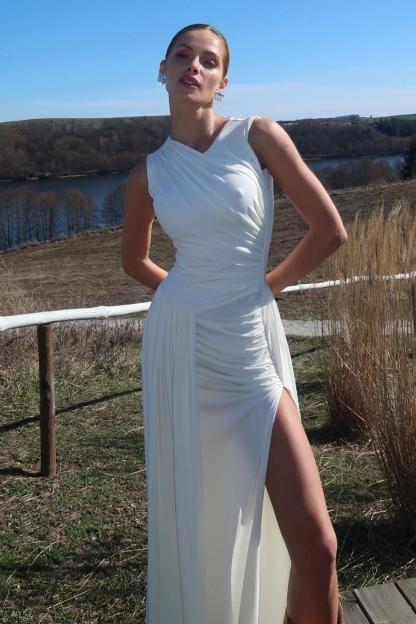 Round Neck Ruched Slit Maxi Dress