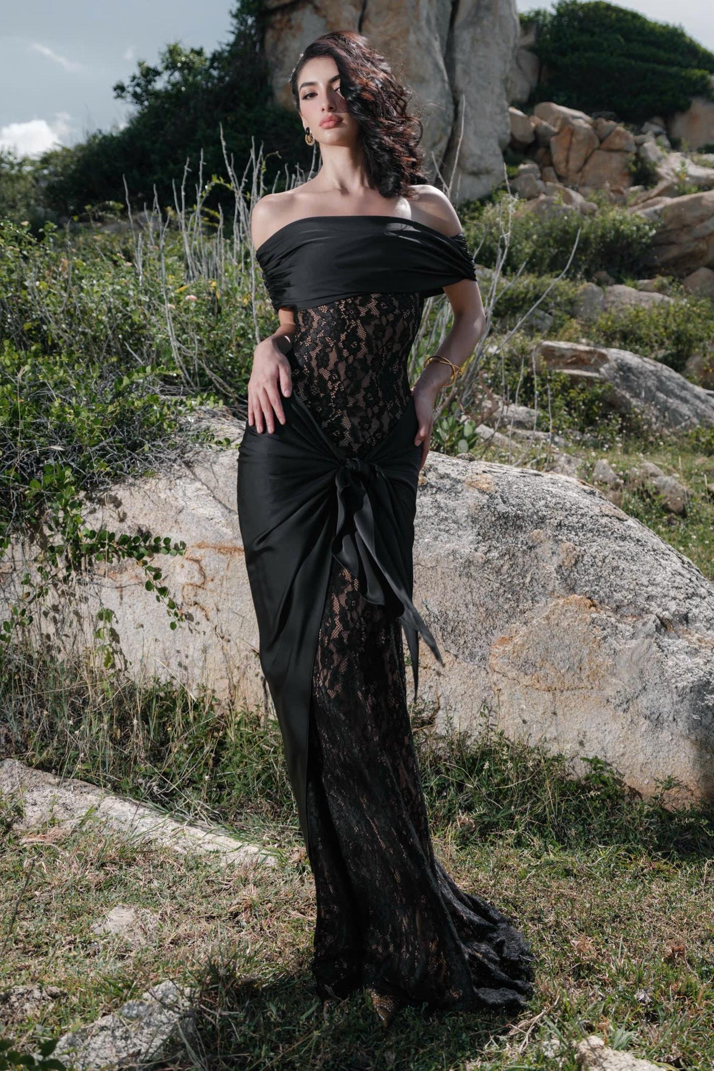 Satin Splicing Lace Off-Shoulder Maxi Dress