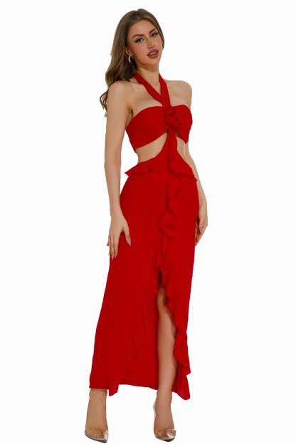 Vestido largo con volantes y recortes florales en 3D