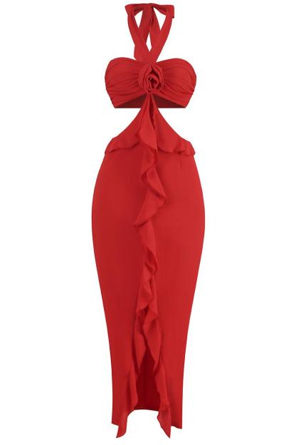Vestido largo con volantes y recortes florales en 3D