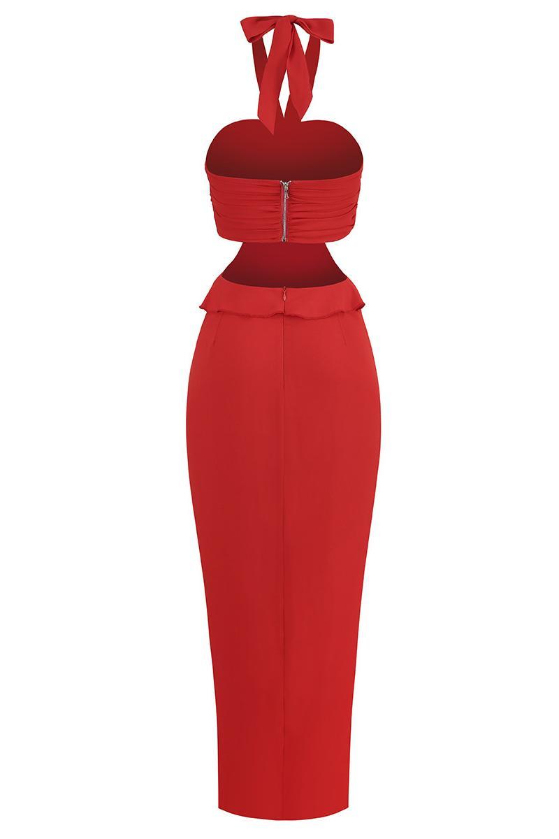 Vestido largo con volantes y recortes florales en 3D