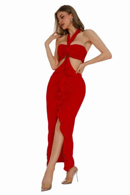 Vestido largo con volantes y recortes florales en 3D