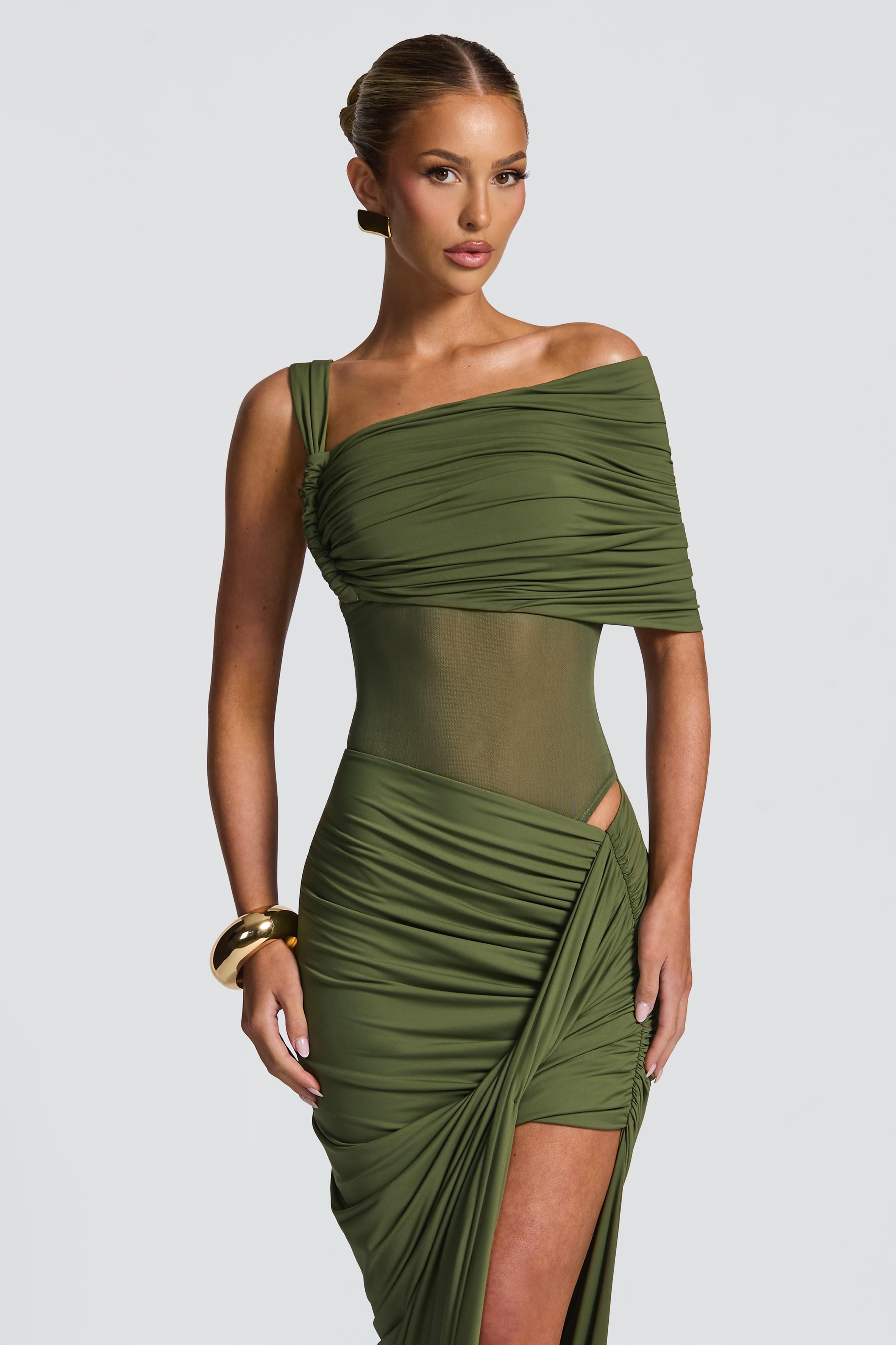 Asymmetrical Neck Shirring Bodysuit & Knotted Slit Maxi Skirt Set