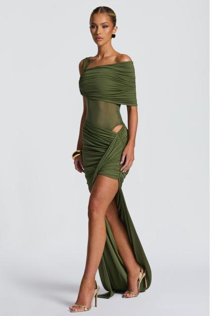 Asymmetrical Neck Shirring Bodysuit & Knotted Slit Maxi Skirt Set