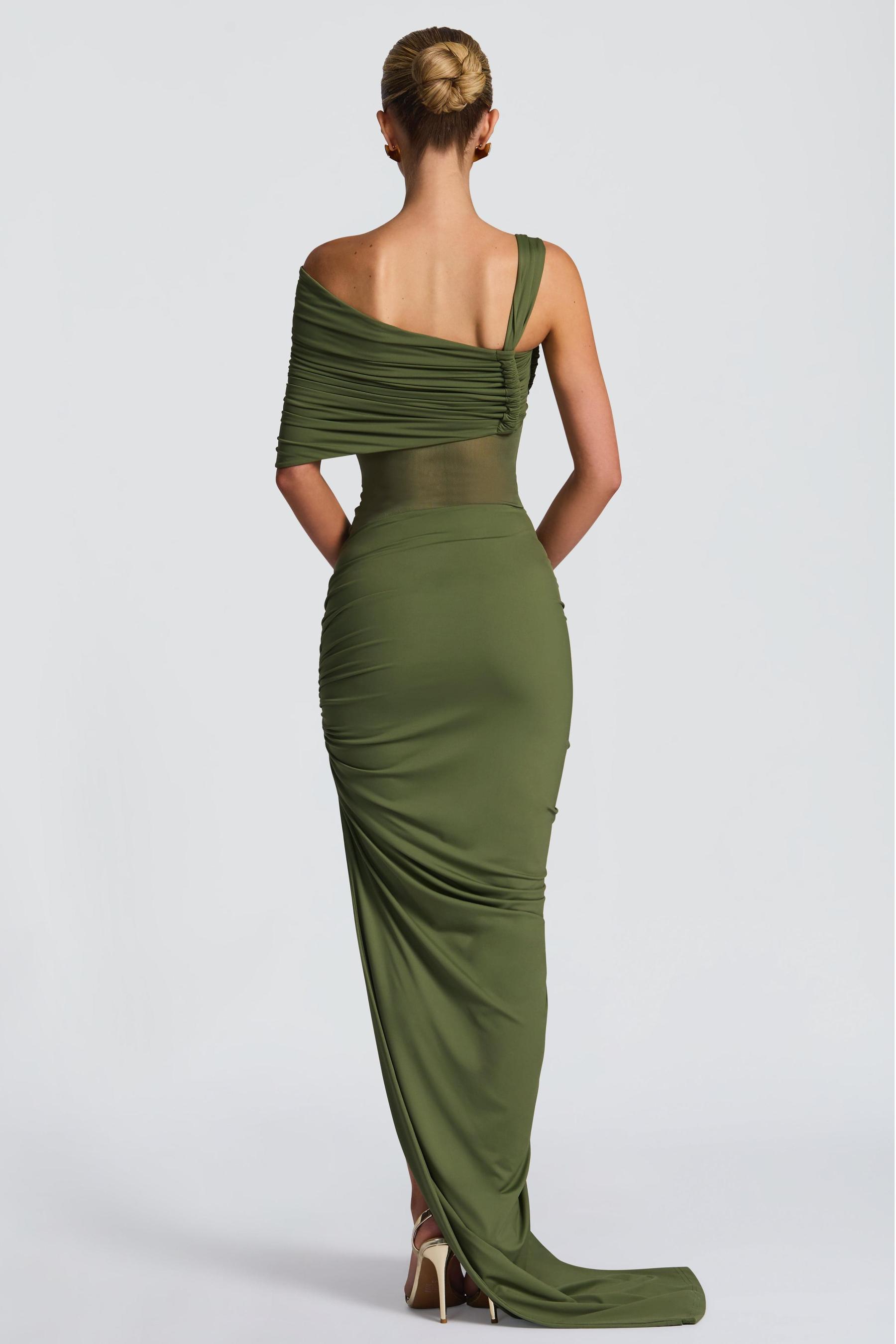 Asymmetrical Neck Shirring Bodysuit & Knotted Slit Maxi Skirt Set