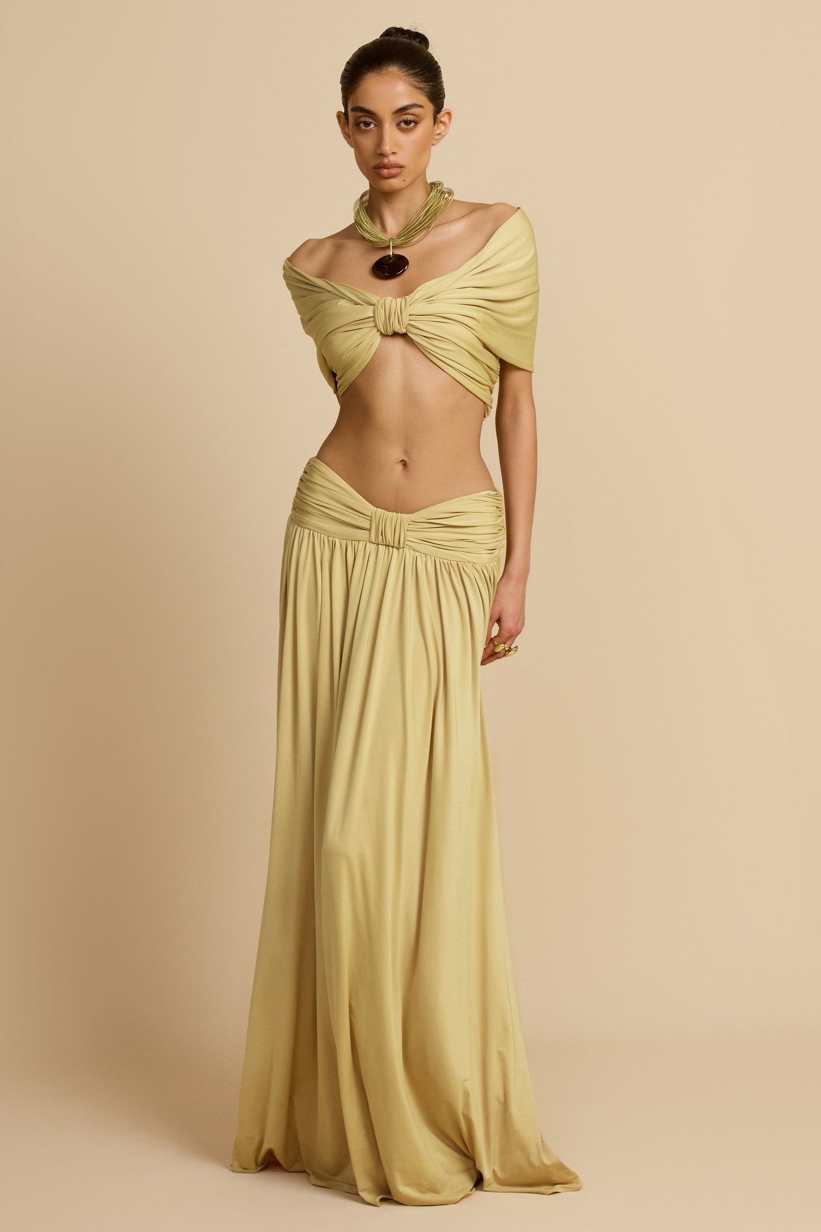 Off-Shoulder Bow Top & Solid Low Waist Maxi Skirt Set