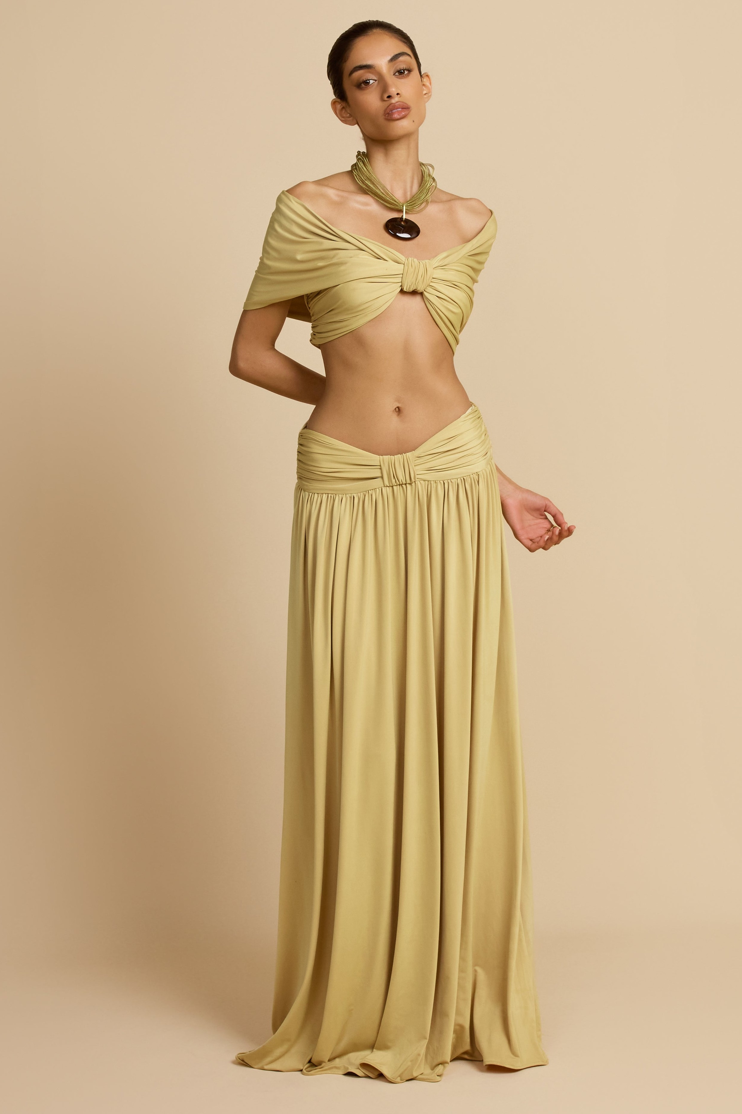 Off-Shoulder Bow Top & Solid Low Waist Maxi Skirt Set