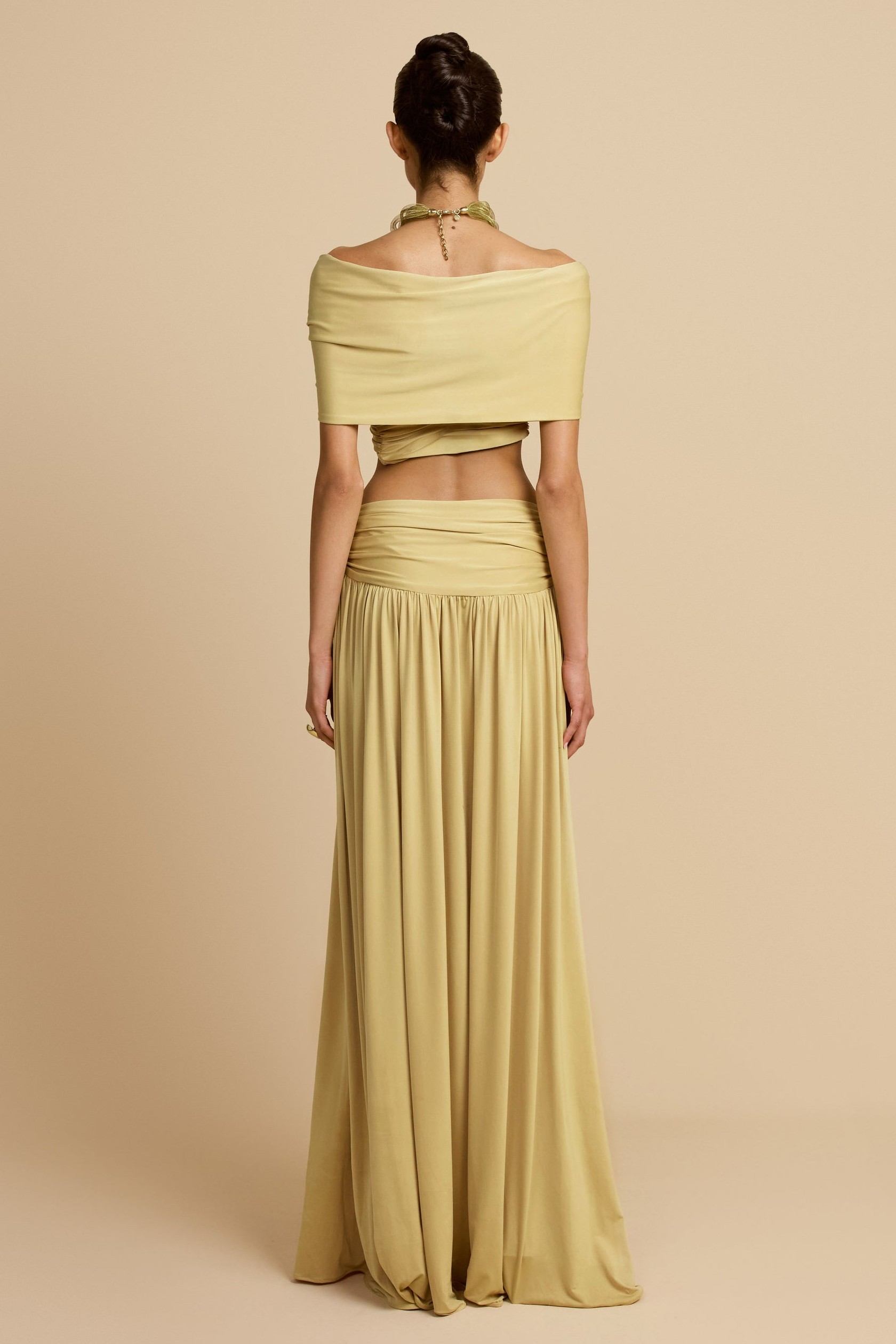 Off-Shoulder Bow Top & Solid Low Waist Maxi Skirt Set