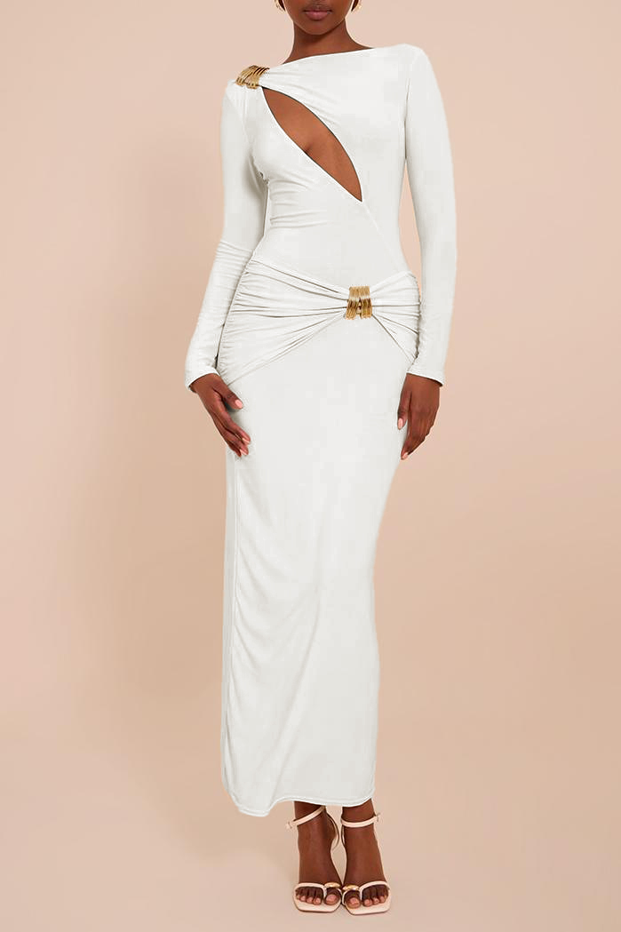 Long Sleeve Metal Decorations Cut-Out Maxi Dress