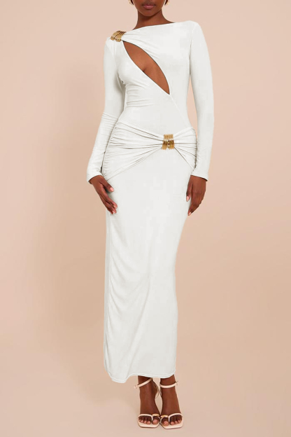 Long Sleeve Metal Decorations Cut-Out Maxi Dress