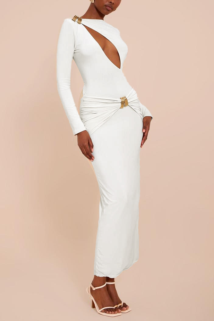 Long Sleeve Metal Decorations Cut-Out Maxi Dress