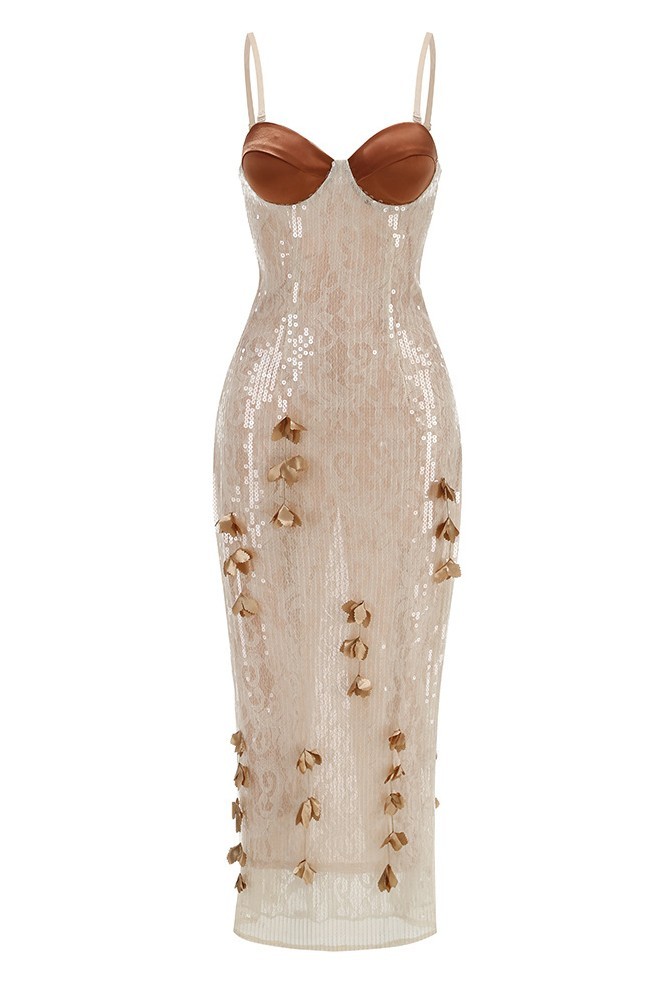 3D Flower Sequin Sweetheart Maxi Dress