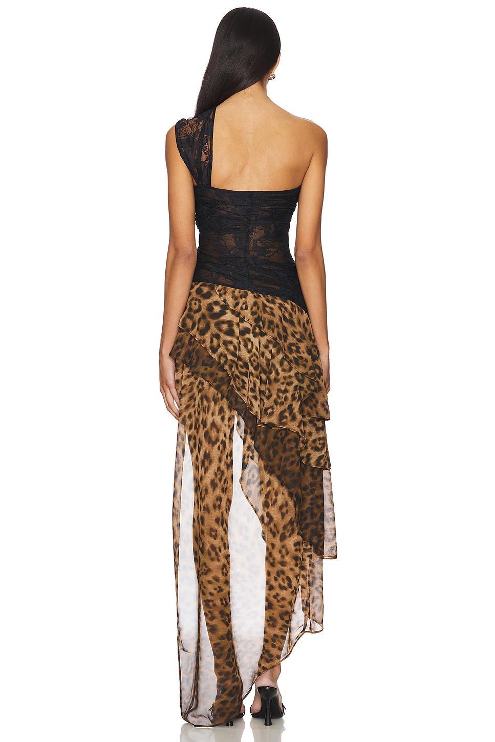 Lace Splicing Leopard Print Asymmetrical Midi Dress