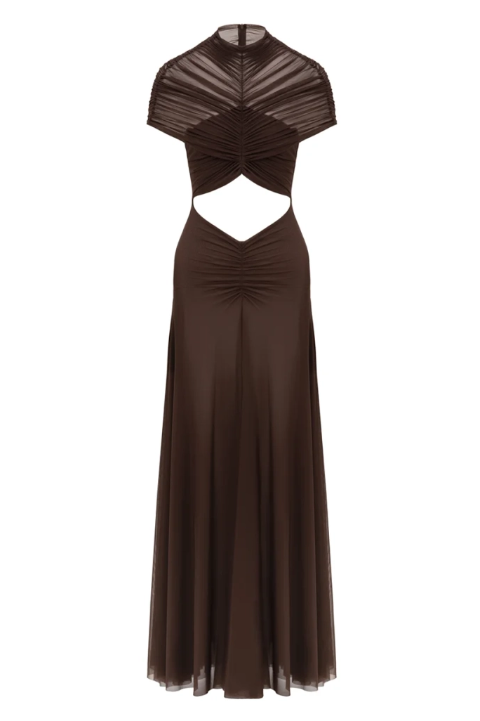 Mesh Ruched Cut-Out Maxi Dress