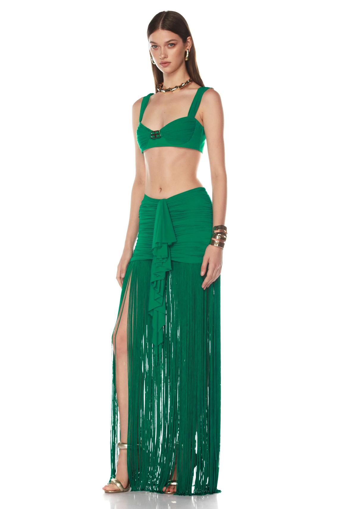 Solid Gathering Top & Low Waist Tassel Maxi Skirt Set