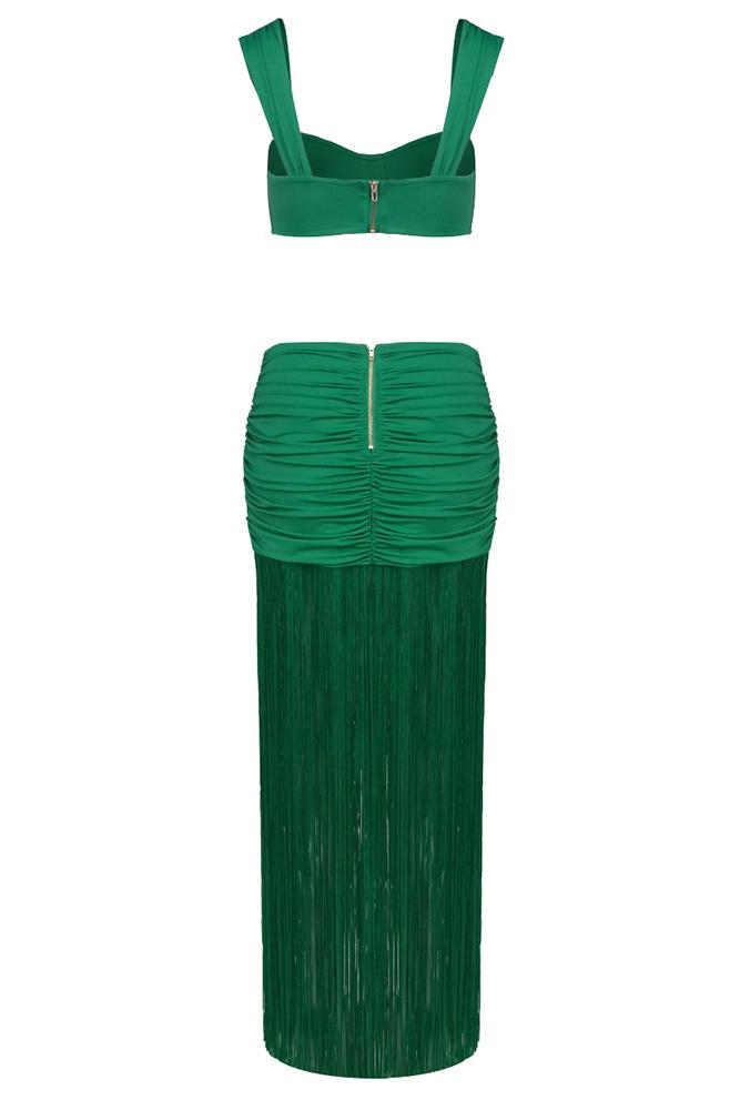 Solid Gathering Top & Low Waist Tassel Maxi Skirt Set