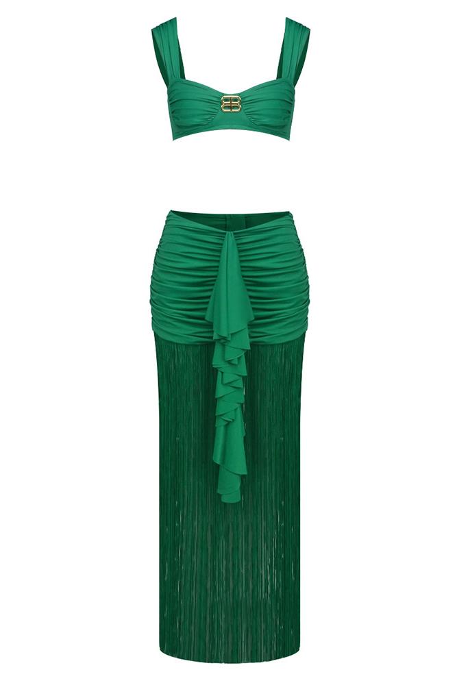 Solid Gathering Top & Low Waist Tassel Maxi Skirt Set