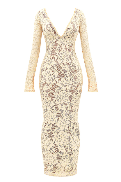 Long Sleeve Lace V-Neck Maxi Dress