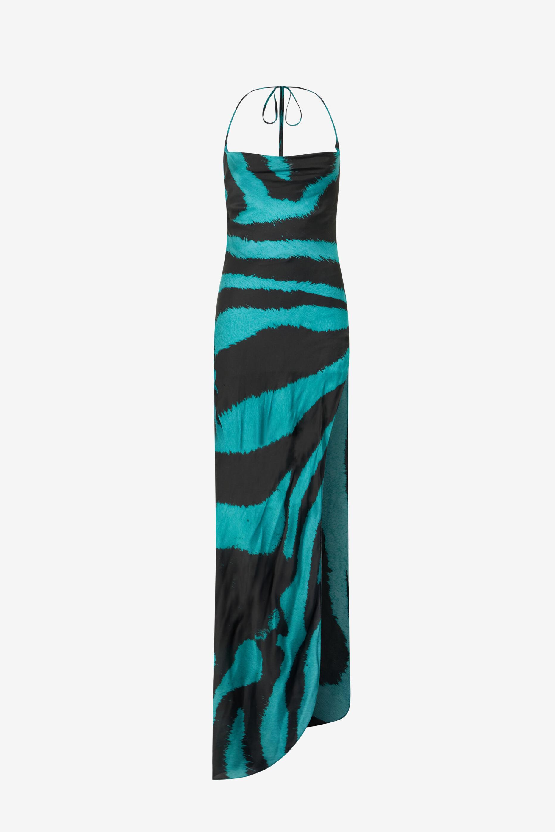 Zebra Print Lace-Up Slit Midi Dress