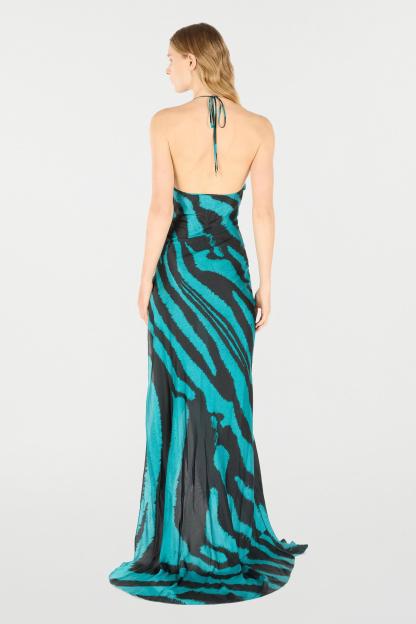 Zebra Print Lace-Up Slit Midi Dress