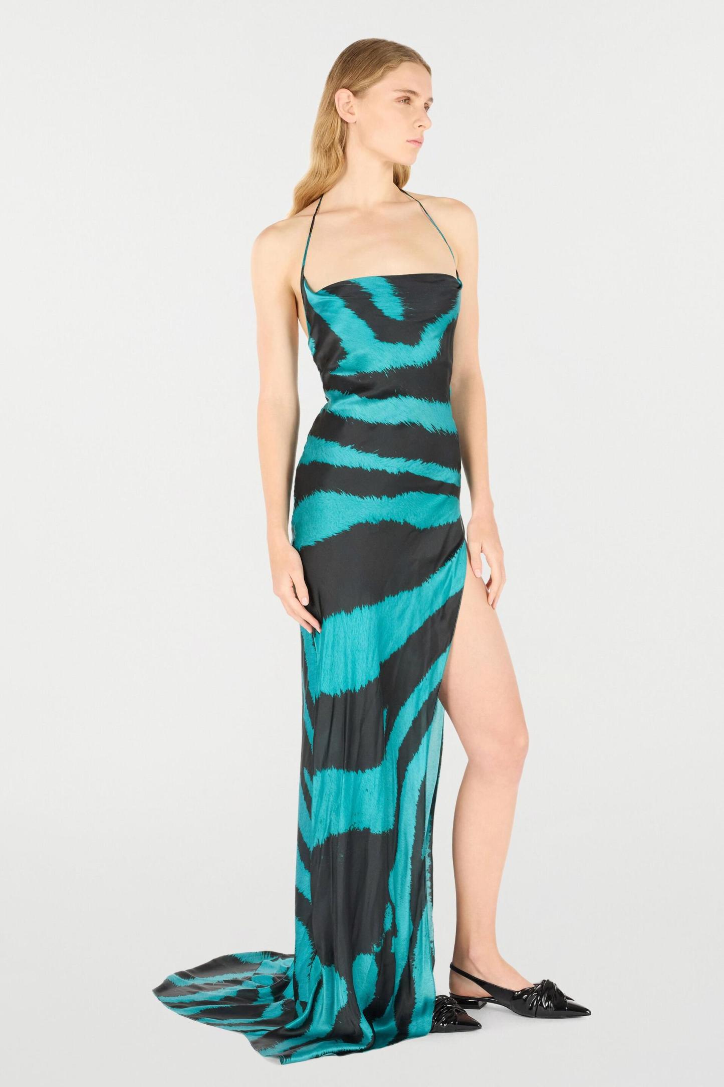Zebra Print Lace-Up Slit Midi Dress