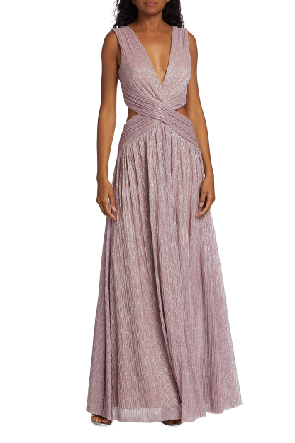 Metallic Fabric Gathering Cut-Out Maxi Dress