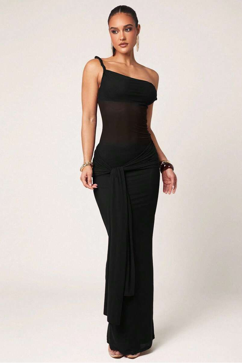 Solid Mesh Sleeveless Maxi Dress