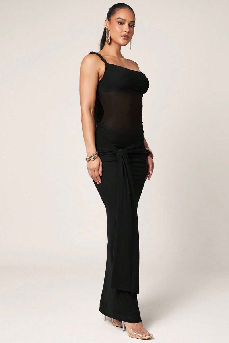 Solid Mesh Sleeveless Maxi Dress