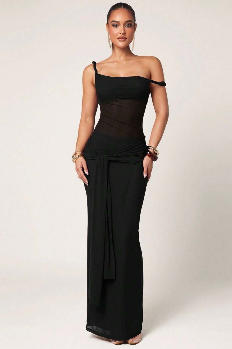 Solid Mesh Sleeveless Maxi Dress
