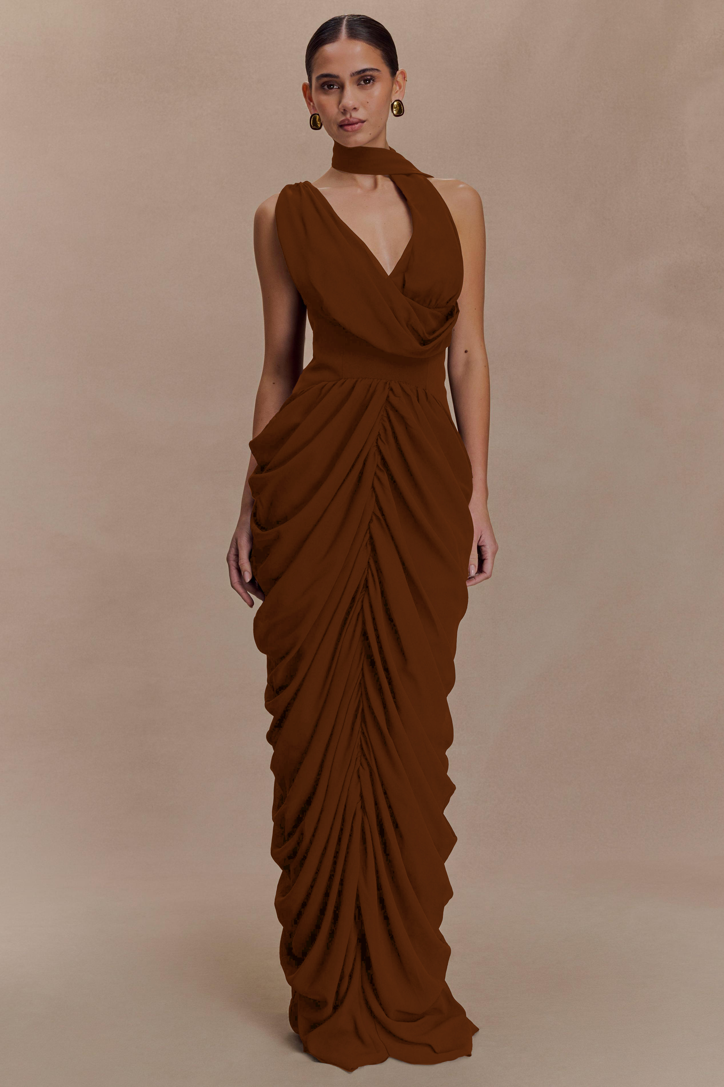 Gathering V-Neck Maxi Dress