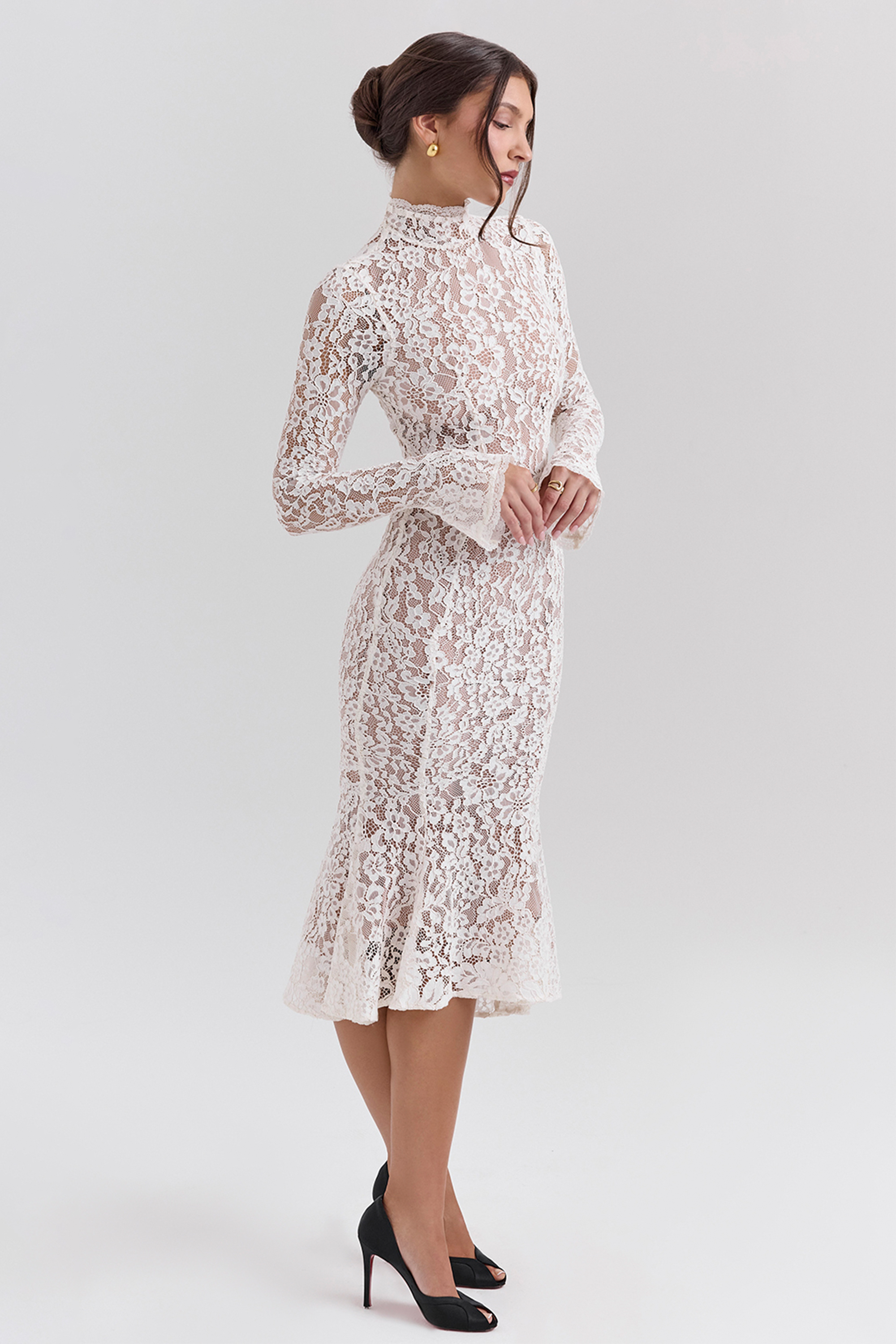 Lace High Neck Long Sleeve Midi Dress