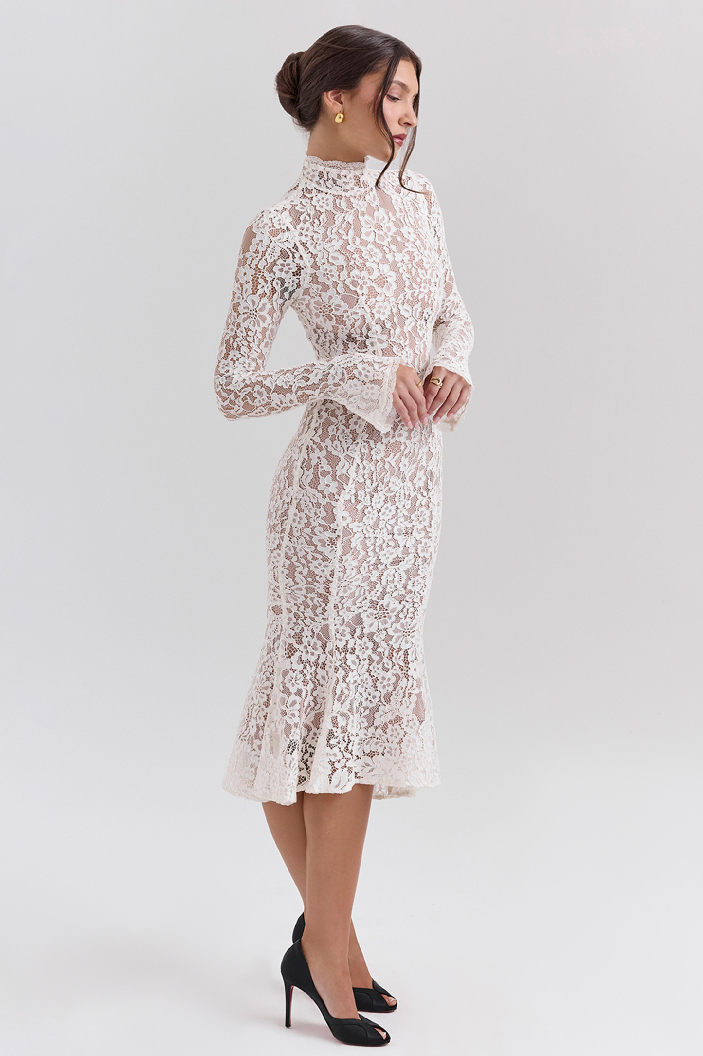Lace High Neck Long Sleeve Midi Dress