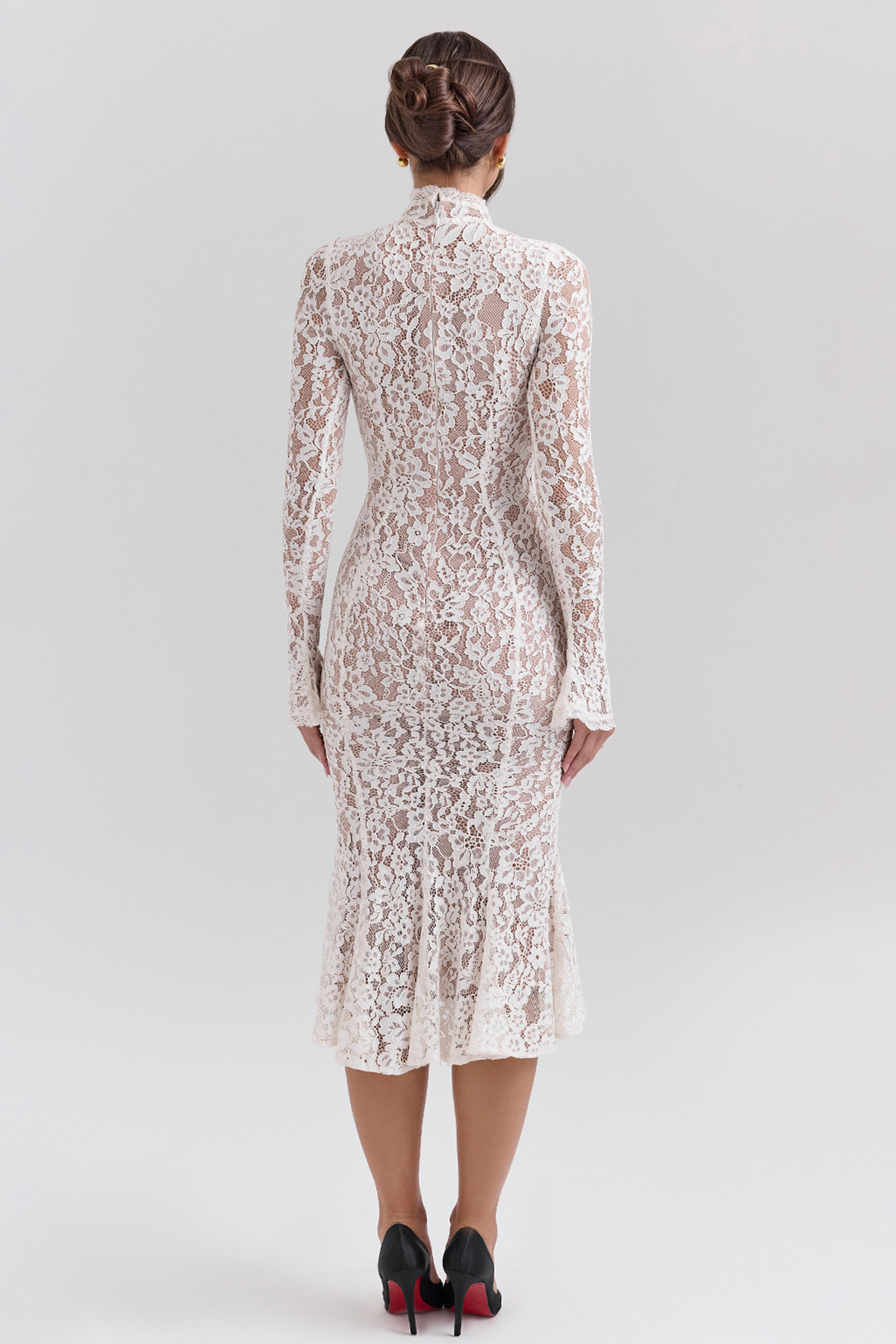 Lace High Neck Long Sleeve Midi Dress