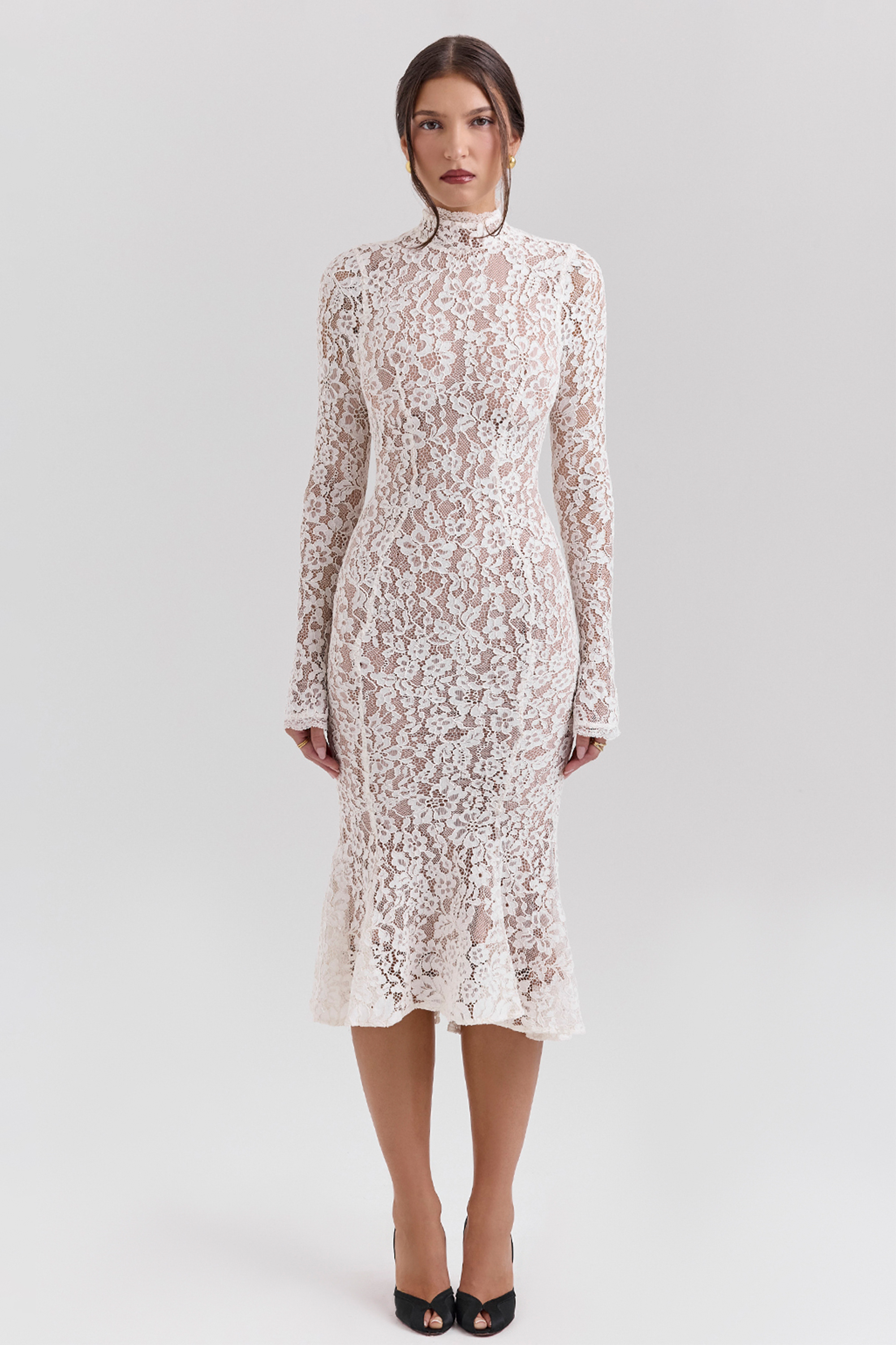 Lace High Neck Long Sleeve Midi Dress