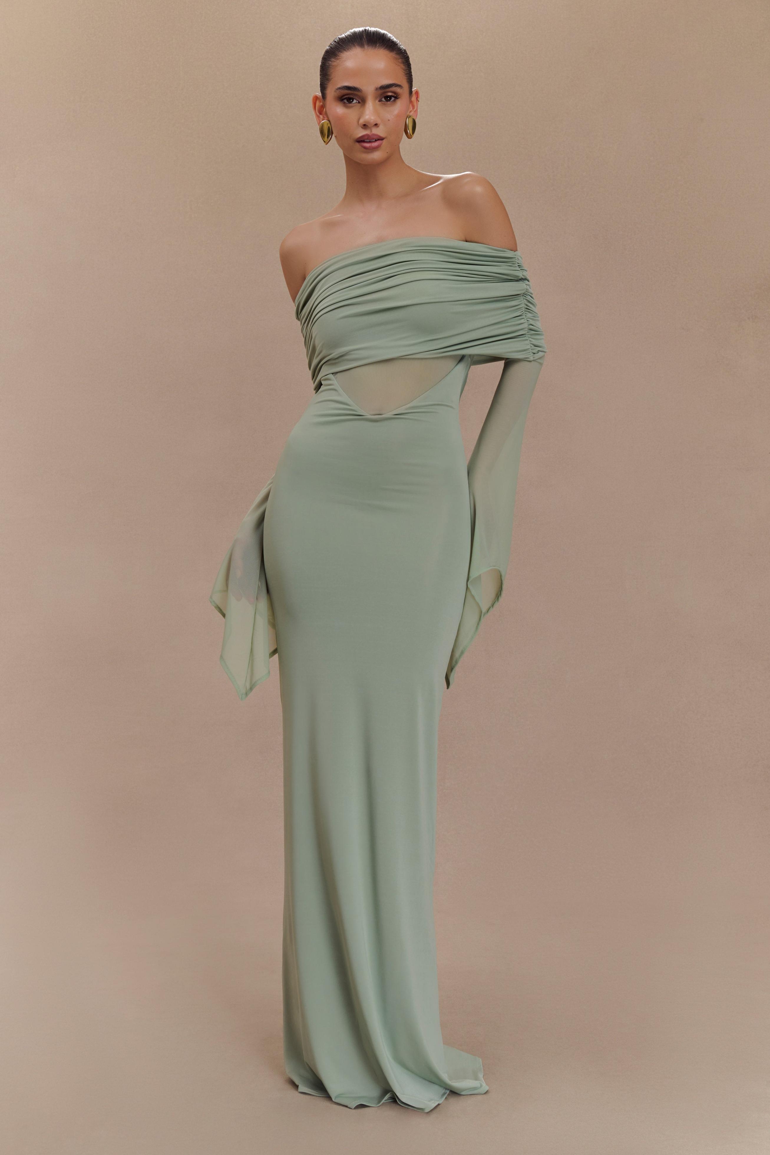 Off-Shoulder Mesh Long Sleeve Maxi Dress