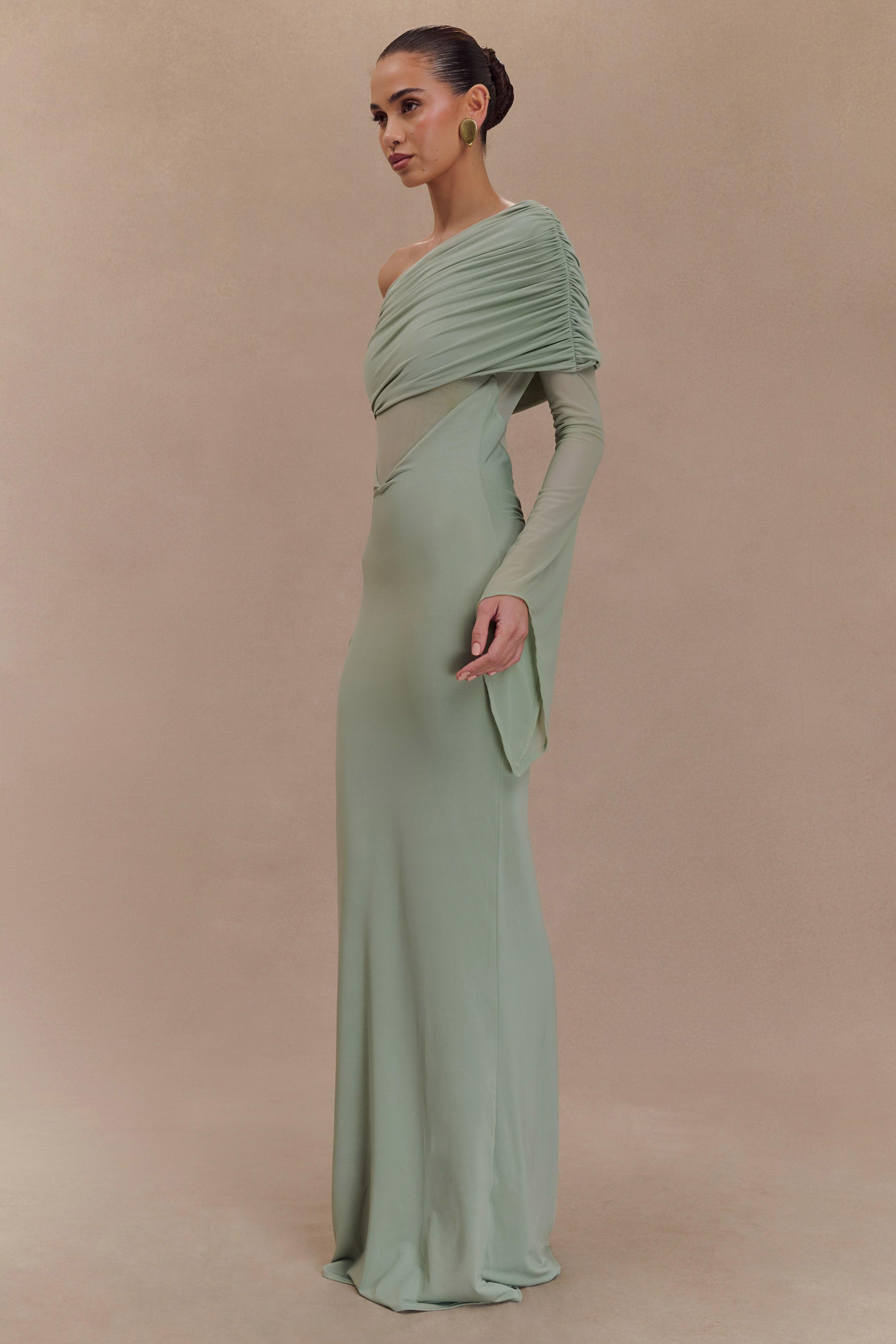 Off-Shoulder Mesh Long Sleeve Maxi Dress