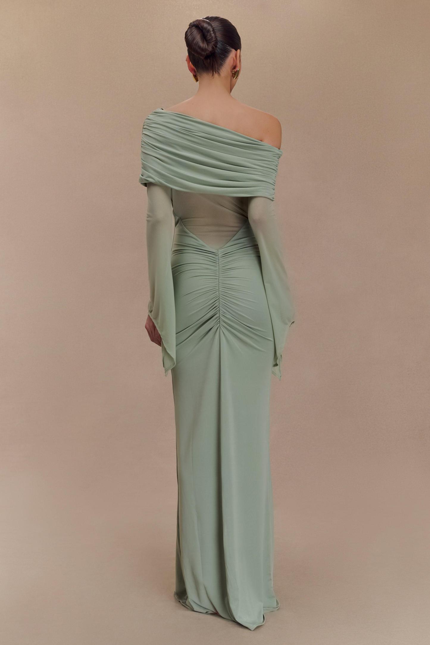 Off-Shoulder Mesh Long Sleeve Maxi Dress