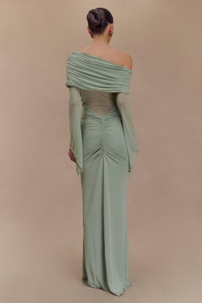 Off-Shoulder Mesh Long Sleeve Maxi Dress