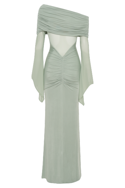 Off-Shoulder Mesh Long Sleeve Maxi Dress